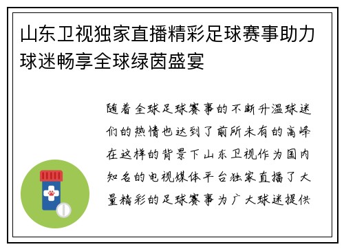 山东卫视独家直播精彩足球赛事助力球迷畅享全球绿茵盛宴